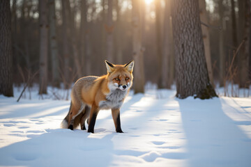 Obraz premium Red fox alert in snowy forest with morning sun
