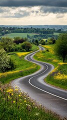 Obraz premium A winding road stretches through lush green countryside. The vibrant flowers enhance the scenic beauty. Perfect for travel enthusiasts and nature lovers. Generative AI.
