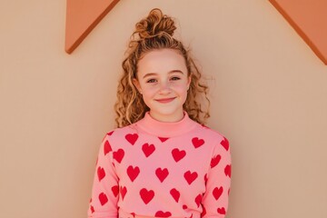 cheerful portrait of a young Caucasian girl with soft, golden curls tied loosely into a half-up, half-down style. She wears a bright pink long-sleeve top with bold red heart prints