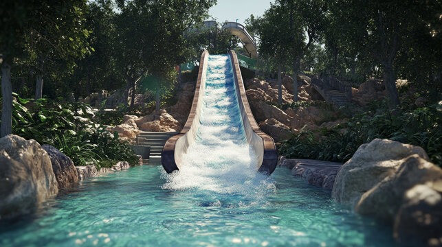 "A thrilling water slide in a vibrant theme park, featuring a twisting, winding structure that sends riders on an exciting, fast-paced descent into a refreshing pool of water below. The bright colors 