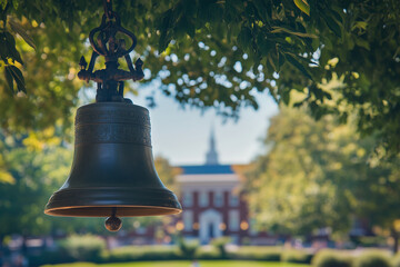 Fototapeta premium Hanging bronze bell in park with blurred historic building