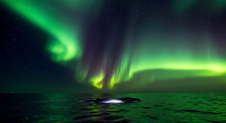 Naklejka premium Polar night. Green aurora borealis over a whale in the ocean. Starry sky. Majestic wildlife. Arctic nature.