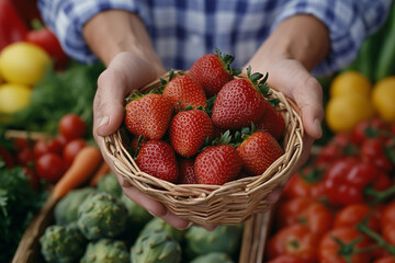 Freshly harvested strawberries in a woven basket held by a person amidst a colorful market display