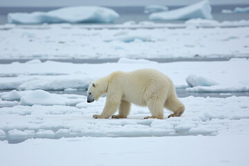 Polar bear walking on icy terrain with distant icebergs