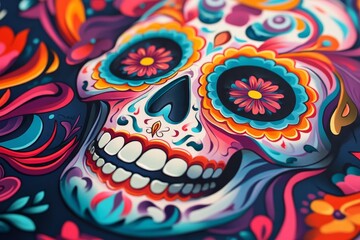 Obraz premium A vividly decorated sugar skull adorned with intricate floral patterns, showcasing vibrant colors, symbolic of celebration and remembrance in cultural traditions.