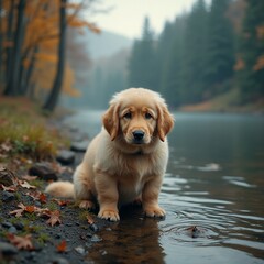 Image of a domestic dog on the river bank among autumn forest.