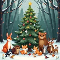 Funny picture of forest animals near a decorated Christmas tree.