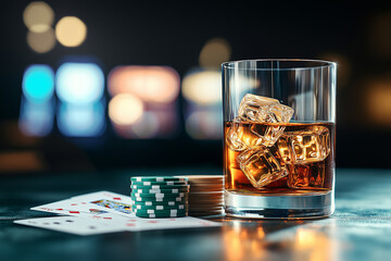 Enjoying a relaxing evening with whiskey, poker cards, and casino chips in a lively gaming environment