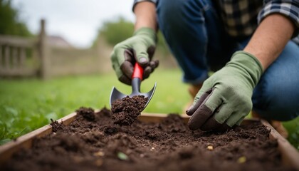 Fototapeta premium Gardener planting seeds in soil with trowel and gloves