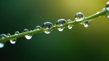 Macro photography of dew drops on a green stem with natural reflections	