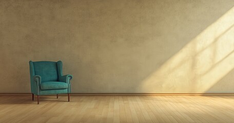 3D rendering of an empty room with light wooden floors, featuring a blue armchair on the left side of a beige wall
