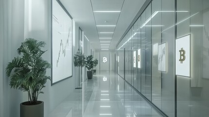Modern Office Corridor With Digital Displays and Plants in a Corporate Environment Designed for Innovation and Technology Advancement