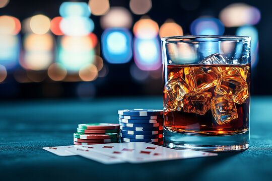 Cocktail glass filled with ice and whisky next to poker chips and playing cards in a casino at night
