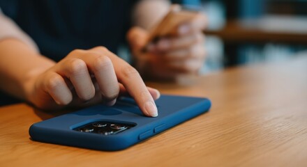 Close-up of a hand using a smartphone on a wooden table