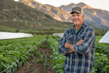 Fototapeta premium Smiling farmer utilizing solar energy in green fields a sustainable agriculture showcase