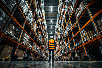 Worker at a cargo warehouse. Loader in orange vest and helmet next to shelves at a cargo warehouse
