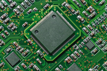 Close up top view of a computer chip showcasing its intricate design and circuitry details