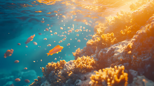 A vibrant coral reef thrives beneath the crystal-clear turquoise waters of a tropical ocean, bathed in the golden glow of the sun. Golden Reef. Illustration