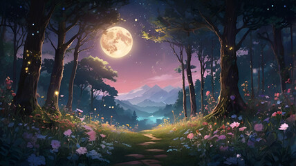 night in the wood with moon 