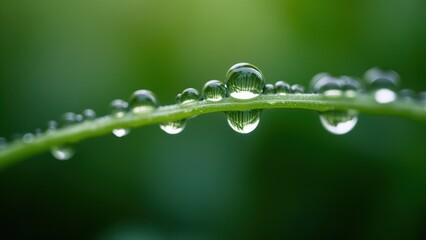 Macro photography of dew drops on a green stem with natural reflections	