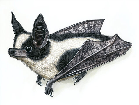 Parti-colored Bat (Vespertilio murinus) - A biologically accurate hand-drawn illustration, striking black-and-white fur pattern, small ears, and sharp features, isolated on white