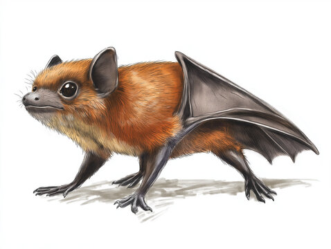 Serotine Bat (Eptesicus serotinus) - A detailed hand-drawn depiction, broad body, dark brown fur, and smooth wing structure, isolated on a clean white background