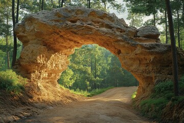 Obraz premium A natural sandstone archway frames a sunlit dirt road winding through a verdant forest.