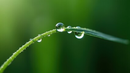 Macro photography of dew drops on a green stem with natural reflections	