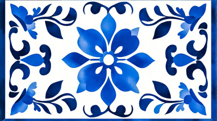 Blue and white portuguese azulejos tile with detailed floral pattern