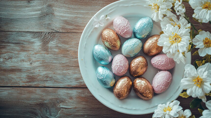 Obraz premium Elegant wooden table with decorative chocolate eggs and delicate white flowers - concept of festive dining and spring celebrations. Copy space