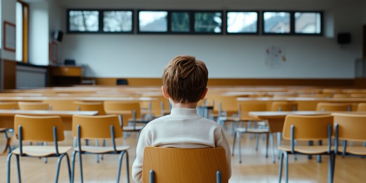 A young boy sits isolated at a desk in an empty classroom his face reflecting sadness