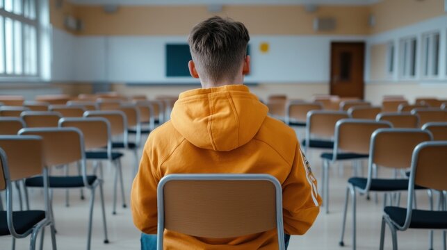 A solitary schoolboy sits in an empty classroom lost in thought. The atmosphere is heavy with silence symbolizing his struggles with school challenges and experiences of bullying