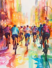 A group of cyclists ride through a bustling street, their vibrant attire contrasting with the lively urban backdrop, capturing movement and energy in the cityscape.