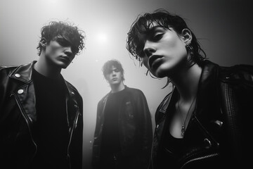 Three Young Adults in Edgy Leather Jackets: A Monochromatic Portrait of Alternative Style and Youthful Rebellion