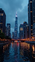 Fototapeta premium Gleaming skyscrapers, dark Chicago River reflection, night photography, chicago