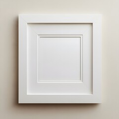Photorealistic mock-up of a white picture frame in a modern livingroom environment with a classic scandinavian design. White with a matte finish and an off-white textured background inside the frame. 