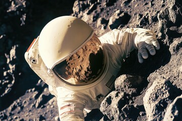 An astronaut stands on the lunar surface wearing a spacesuit, with the moon's craters and landscape visible in the background