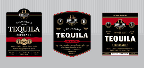 Vector tequila vintage black and red labels and packaging design templates. Distilling industry branding and identity design elements