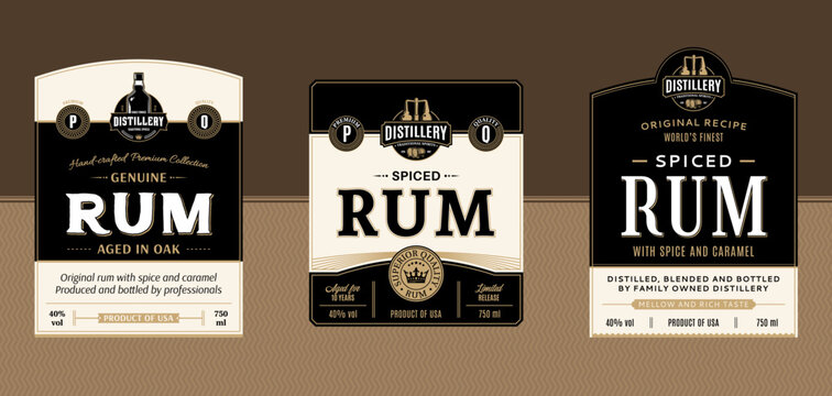 Vector rum vintage black and beige labels and packaging design templates. Distilling industry branding and identity design elements