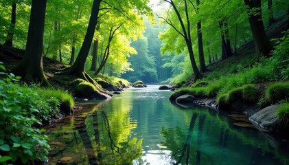 Obraz premium Crystal clear spring river meanders through vibrant forest canopy, plants, rocks