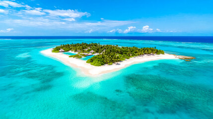 Obraz premium Tropical island with white sand beach and turquoise water surrounded by coral reef