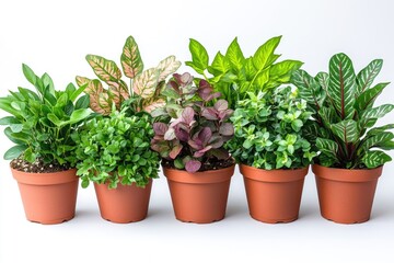 Fototapeta premium A row of potted plants on a white surface, ideal for interior design or lifestyle shoots