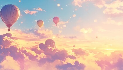 Obraz premium Colorful hot air balloons floating above soft pastel clouds and rolling hills