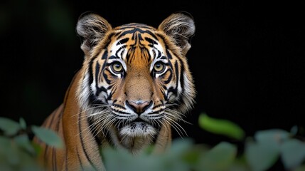 Fototapeta premium A majestic tiger staring directly at the camera, its intense eyes glowing under soft jungle light