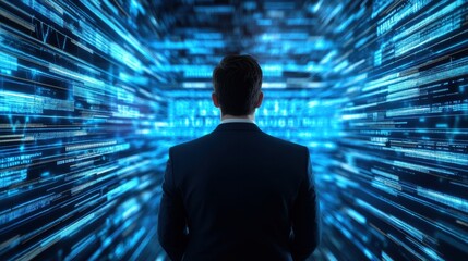 Business Professional Facing a Futuristic Digital Data Environment