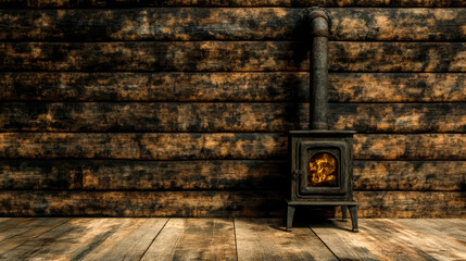Burning wood stove warming rustic log cabin interior