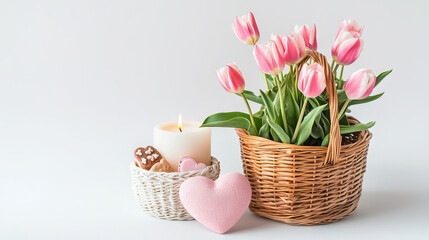 Obraz premium Pink Tulips in Woven Basket with Heart-Shaped Candle and Cookies for a Cozy Spring Atmosphere Concept of Floral Decor, Romantic Gifts, Candlelight Ambiance. Valentine's Day. Copy space