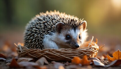 Fototapeta premium Adorable hedgehog resting in a wicker nest with autumn leaves