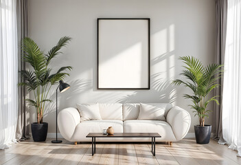 Frame mockup, ISO A paper size. Living room wall poster mockup. Interior mockup with house background. Modern interior design. 3D render.