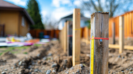 New fence posts installed in yard, ready for construction and measurement